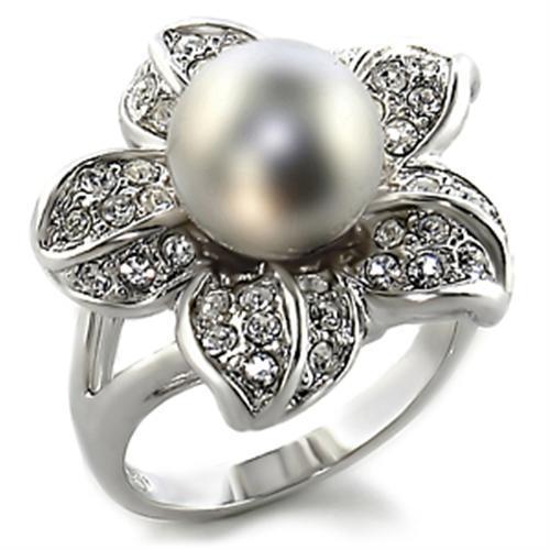 MA0C108 - Rhodium Brass Ring with Synthetic Pearl in Gray
