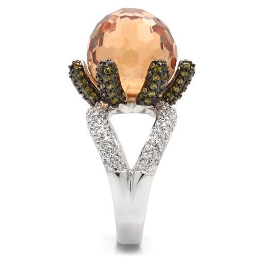 MA0W021 - Rhodium + Ruthenium Brass Ring with AAA Grade CZ in Champagne