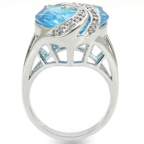MA0W343 - Rhodium Brass Ring with Synthetic Synthetic Glass in Sea Blue