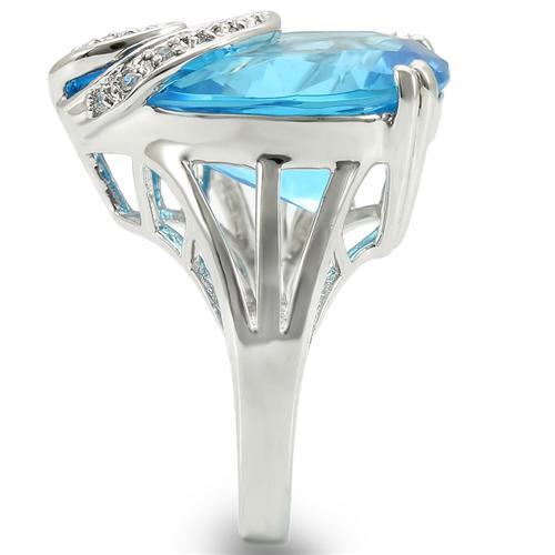 MA0W343 - Rhodium Brass Ring with Synthetic Synthetic Glass in Sea Blue