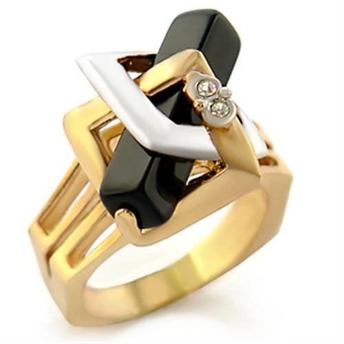 MA10108 - Gold+Rhodium Brass Ring with Semi-Precious Onyx in Jet