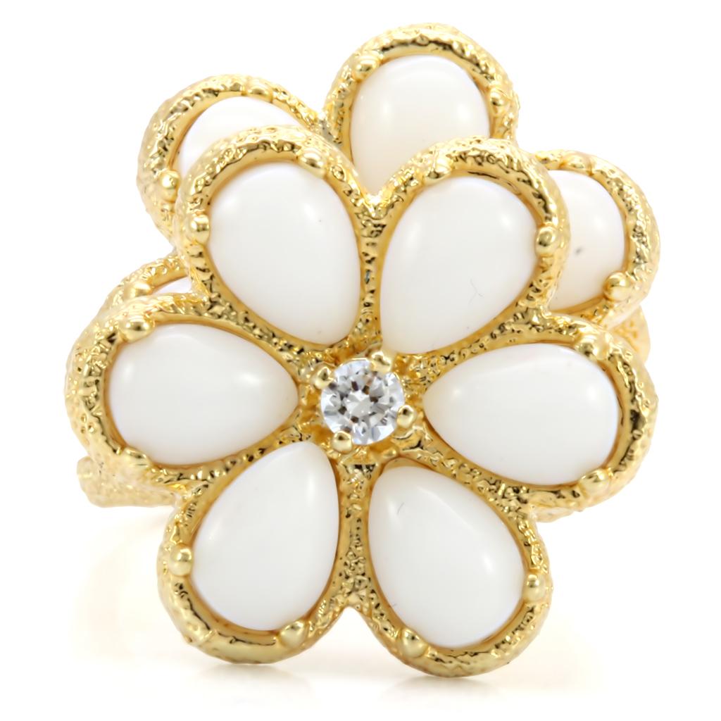 MA1W045 - Gold Brass Ring with Synthetic Synthetic Glass in White