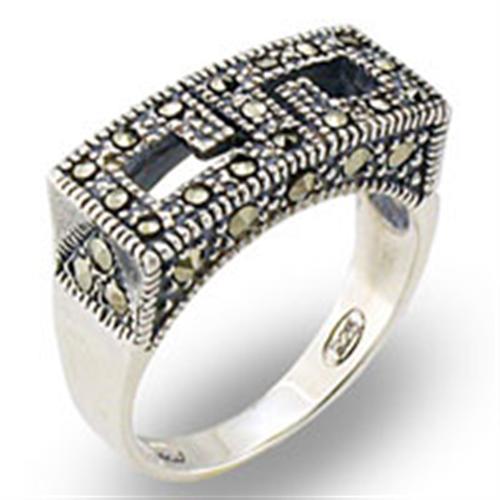 MA31002 - Antique Tone 925 Sterling Silver Ring with Semi-Precious Marcasite in Jet
