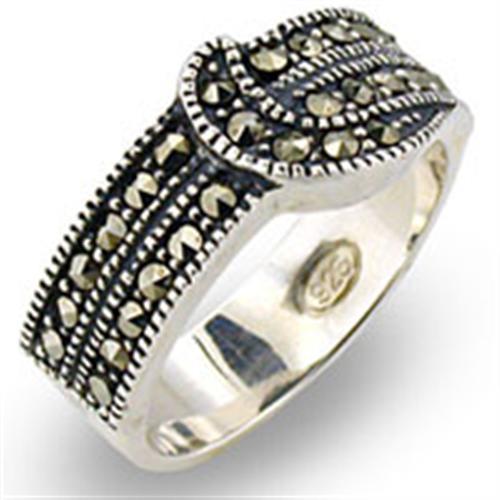 MA31017 - Antique Tone 925 Sterling Silver Ring with Semi-Precious Marcasite in Jet