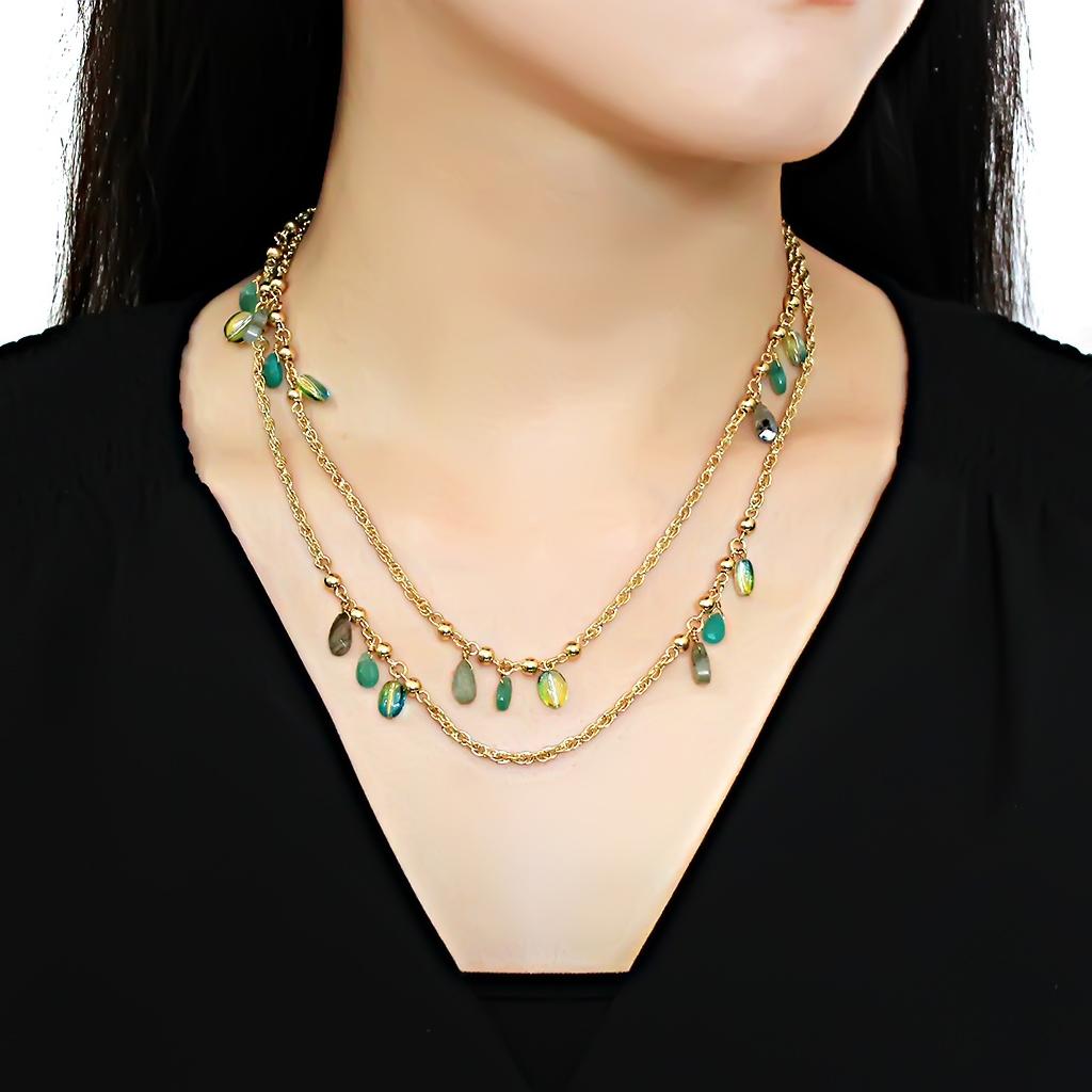 MA3W1537 - Gold Brass Necklace with Synthetic Jade in Emerald