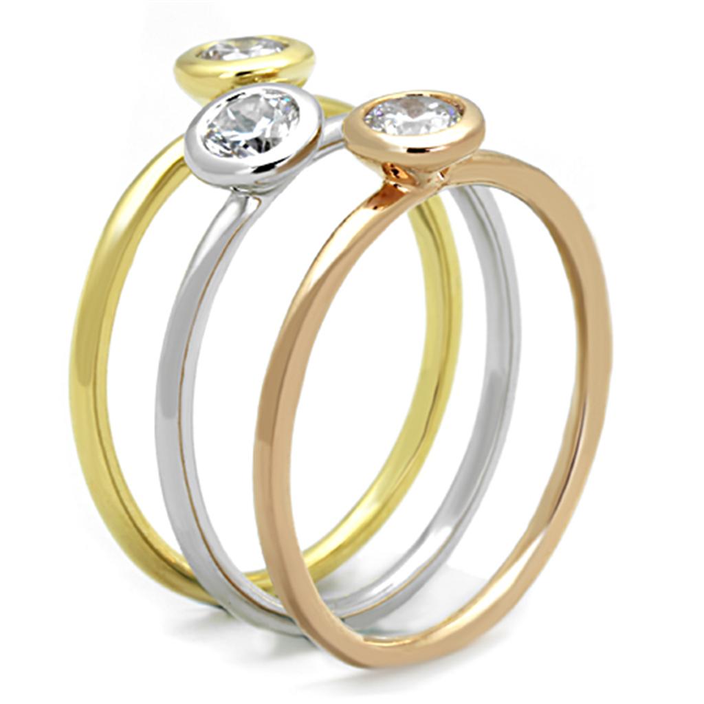 MA3W804 - Rhodium + Gold + Rose Gold Brass Ring with AAA Grade CZ in Clear