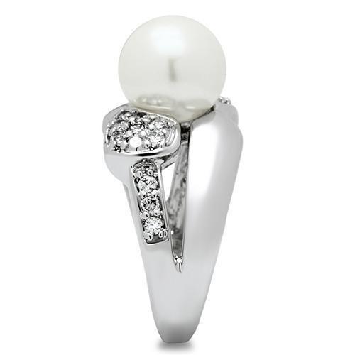 MA3W182 - Rhodium Brass Ring with Synthetic Pearl in White
