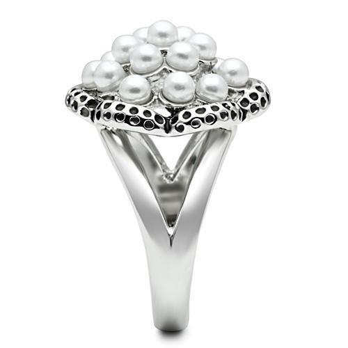 MA3W232 - Rhodium Brass Ring with Synthetic Pearl in White