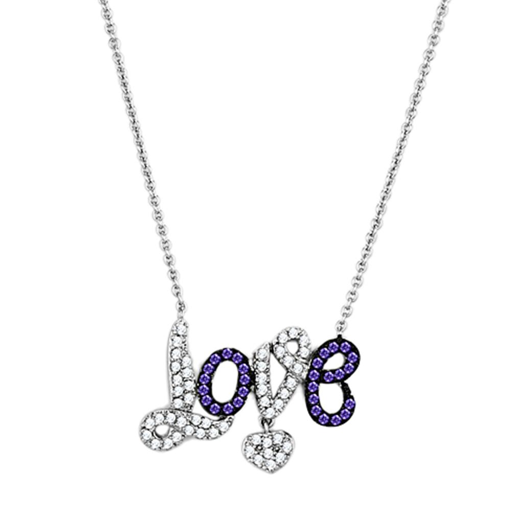 MA3W414 - Rhodium + Ruthenium Brass Necklace with AAA Grade CZ in Amethyst