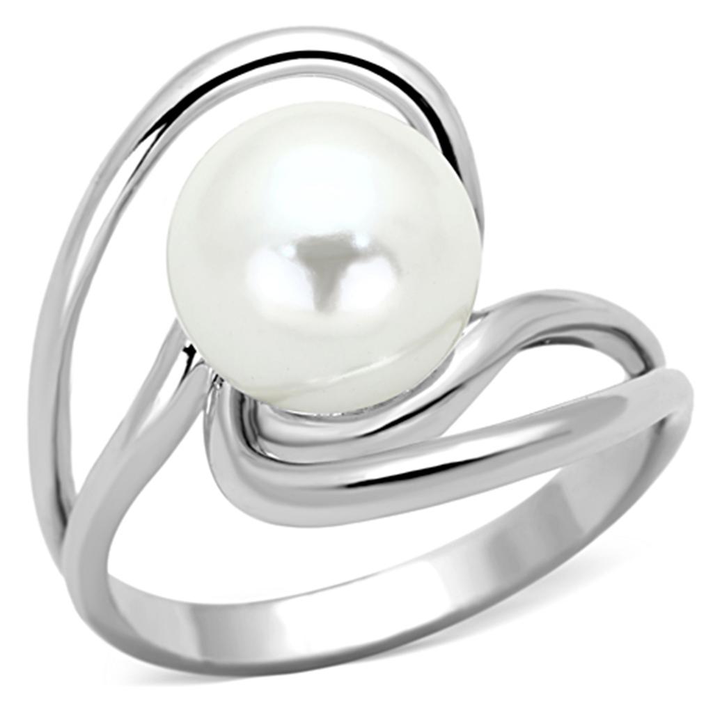 MA3W512 - Rhodium Brass Ring with Synthetic Pearl in White