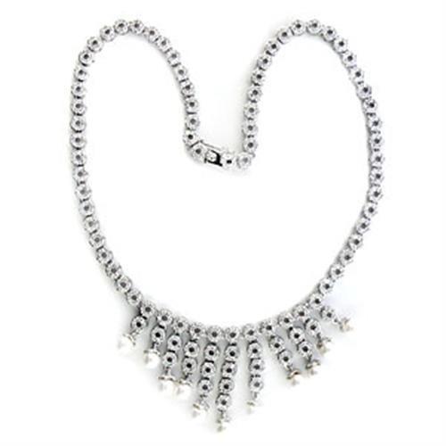 MA7X407 - Rhodium Brass Necklace with Synthetic Pearl in White