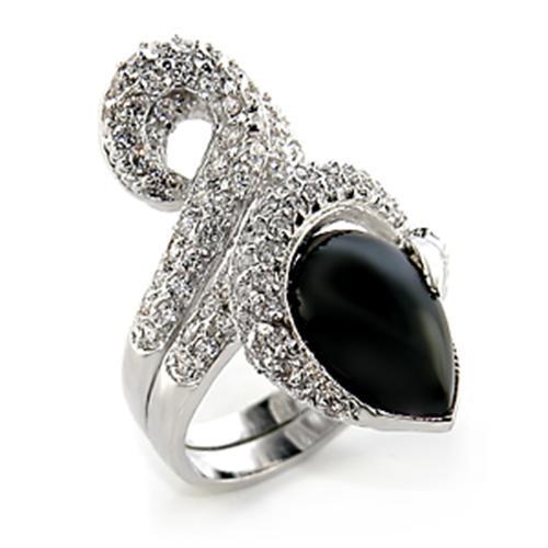 MA80207 - Rhodium Brass Ring with Semi-Precious Agate in Jet