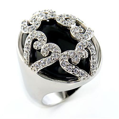 MA80514 - Rhodium Brass Ring with Semi-Precious Onyx in Jet