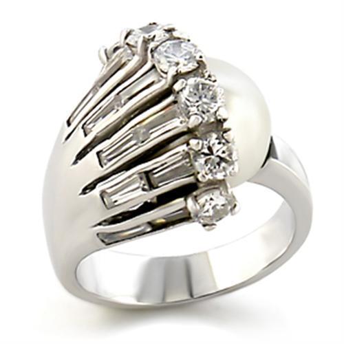 MA9W010 - Rhodium Brass Ring with Synthetic Pearl in White