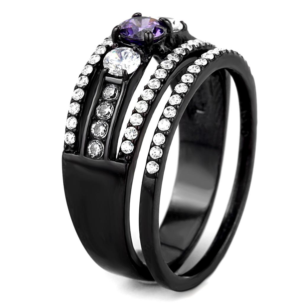 MADA001 - IP Black(Ion Plating) Stainless Steel Ring with AAA Grade CZ in Amethyst