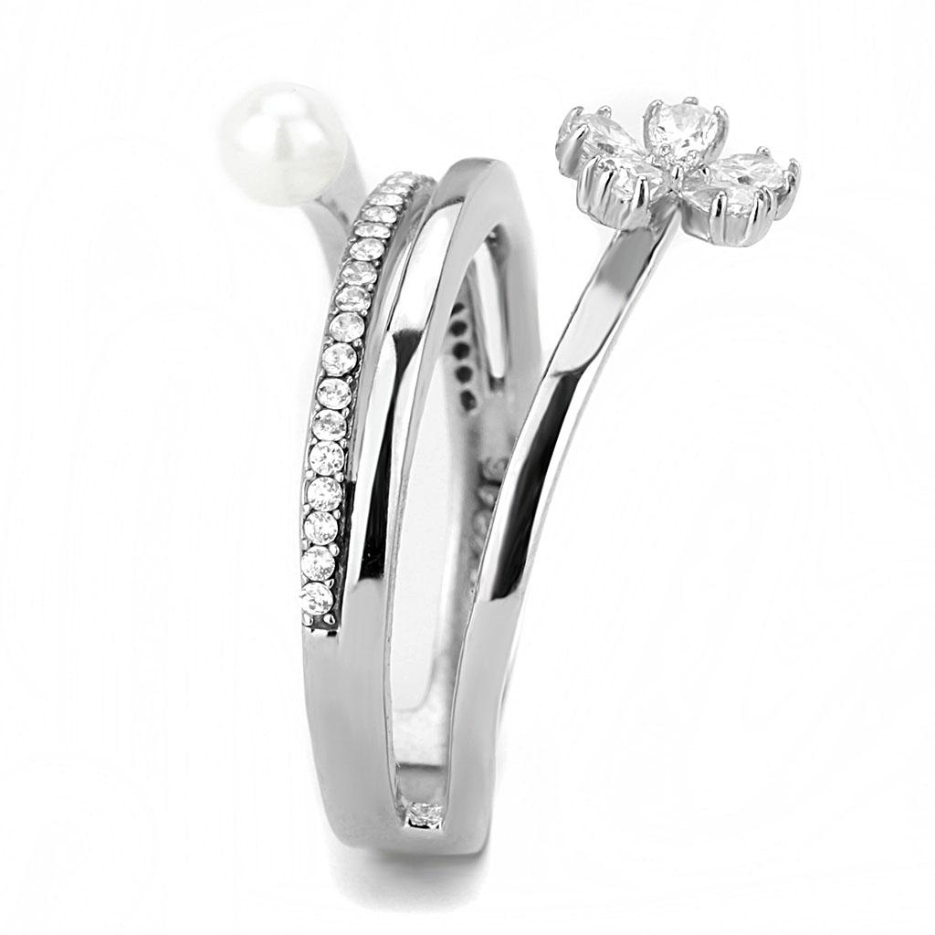 MADA059 - High polished (no plating) Stainless Steel Ring with Synthetic Pearl in White