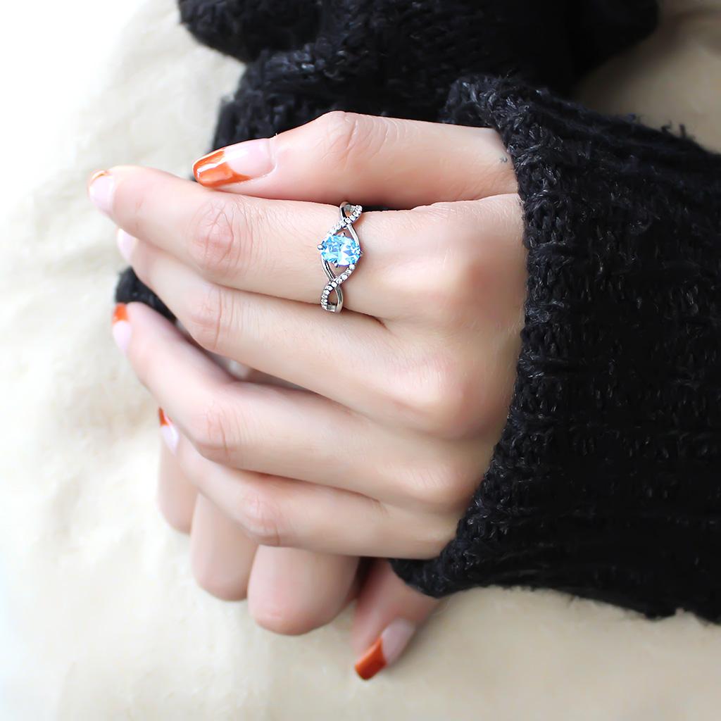 MADA117 - High polished (no plating) Stainless Steel Ring with AAA Grade CZ in Sea Blue