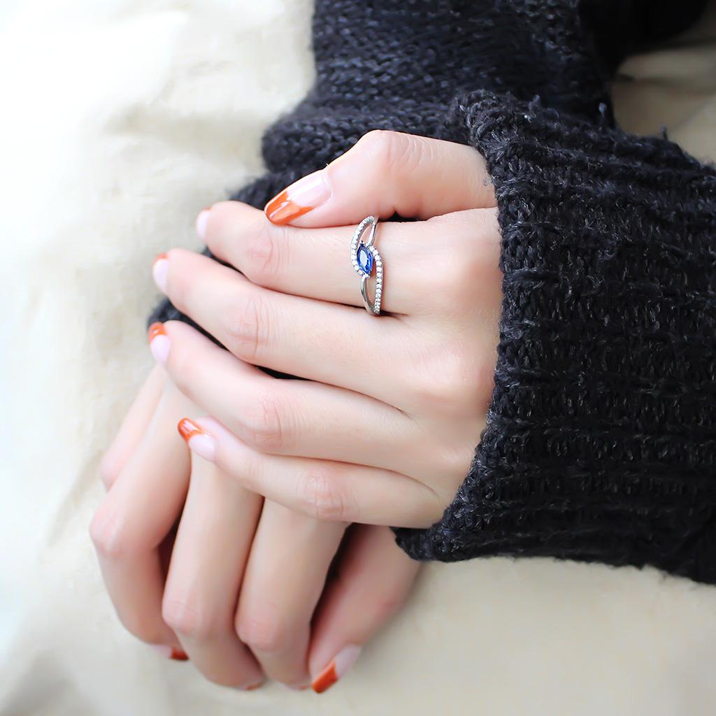 MADA122 - High polished (no plating) Stainless Steel Ring with AAA Grade CZ in London Blue