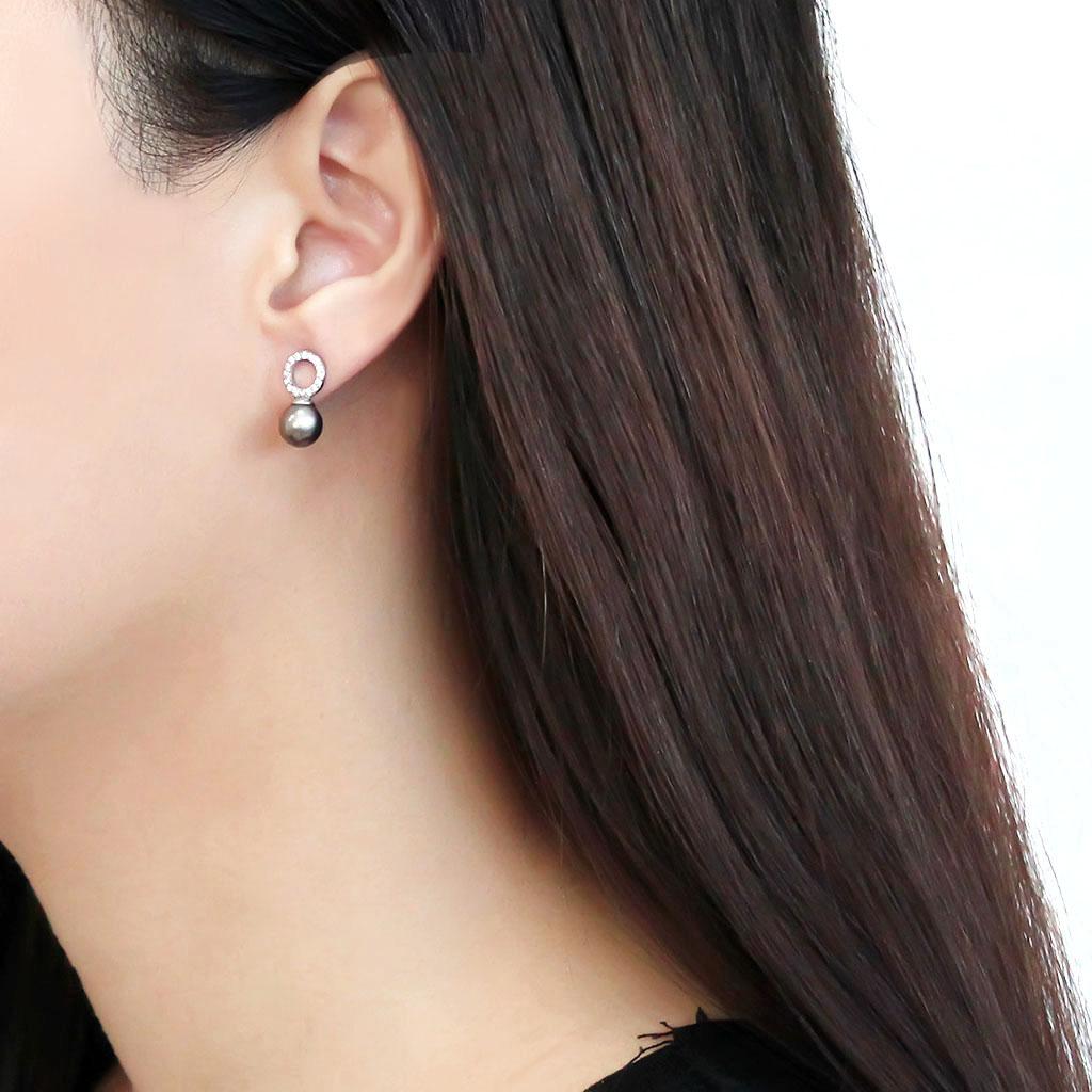 MADA221 - High polished (no plating) Stainless Steel Earrings with Synthetic Pearl in Gray