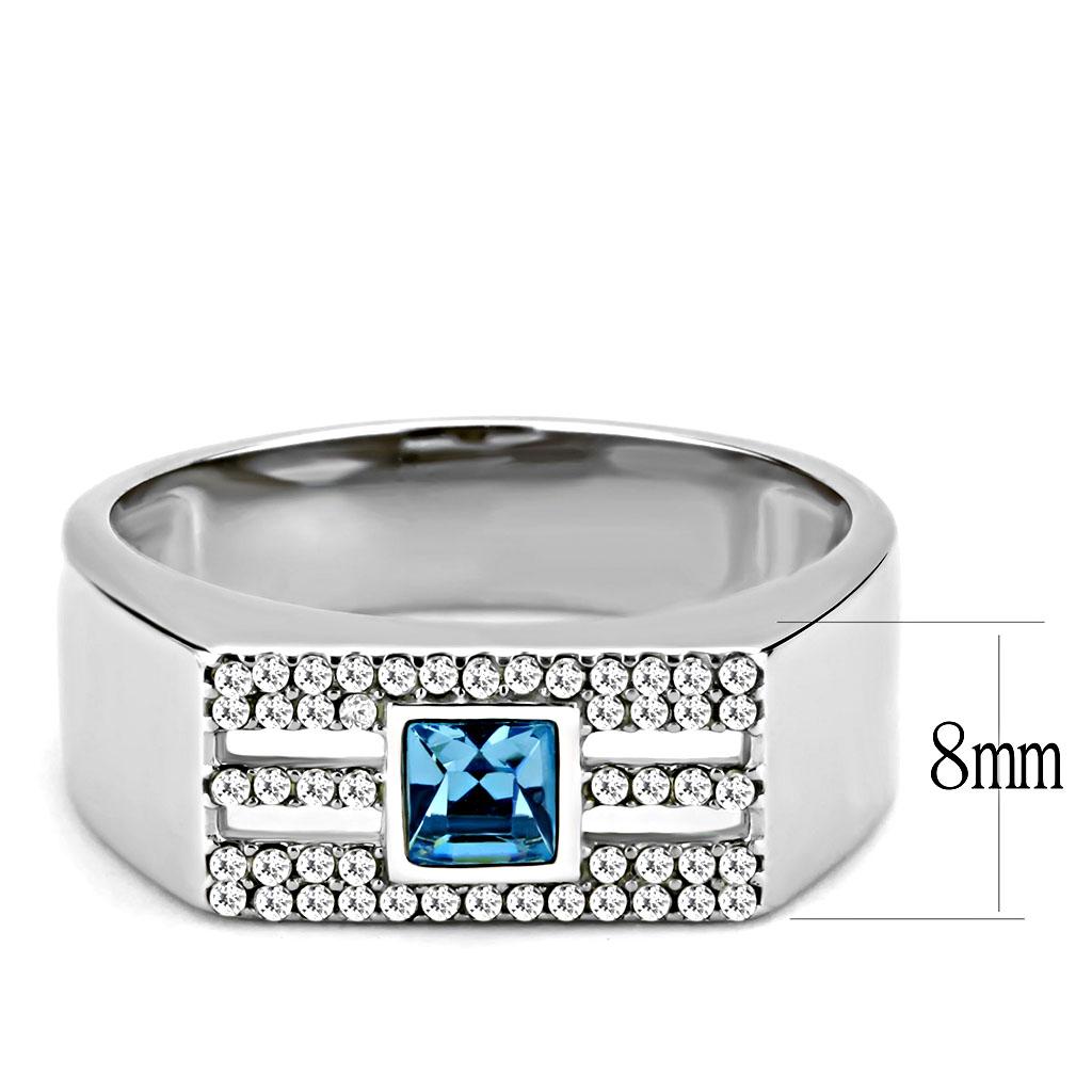 MADA283 - High polished (no plating) Stainless Steel Ring with Top Grade Crystal in Sea Blue