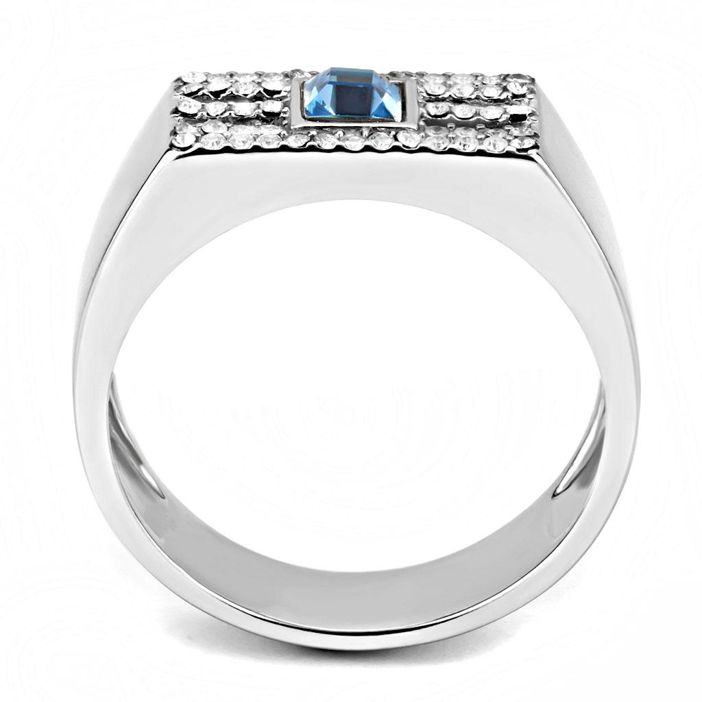MADA283 - High polished (no plating) Stainless Steel Ring with Top Grade Crystal in Sea Blue