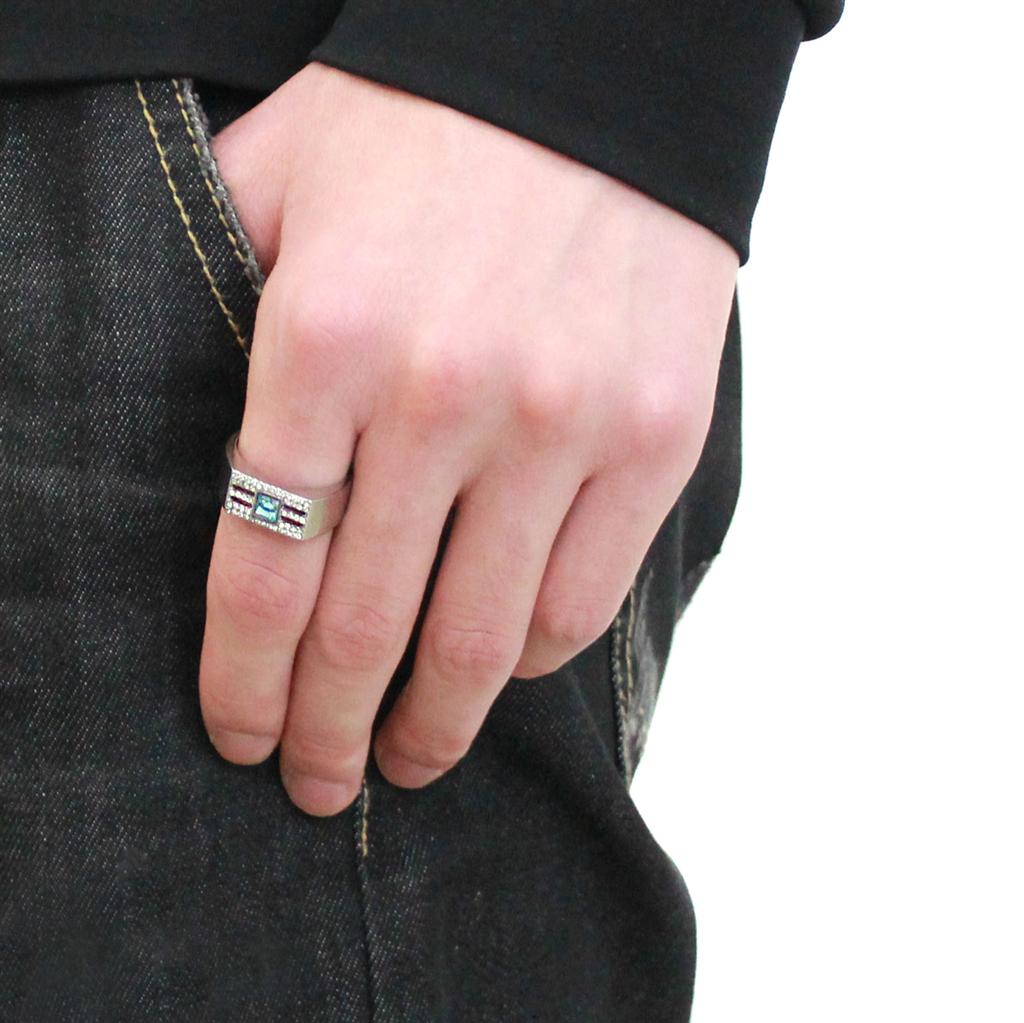 MADA283 - High polished (no plating) Stainless Steel Ring with Top Grade Crystal in Sea Blue