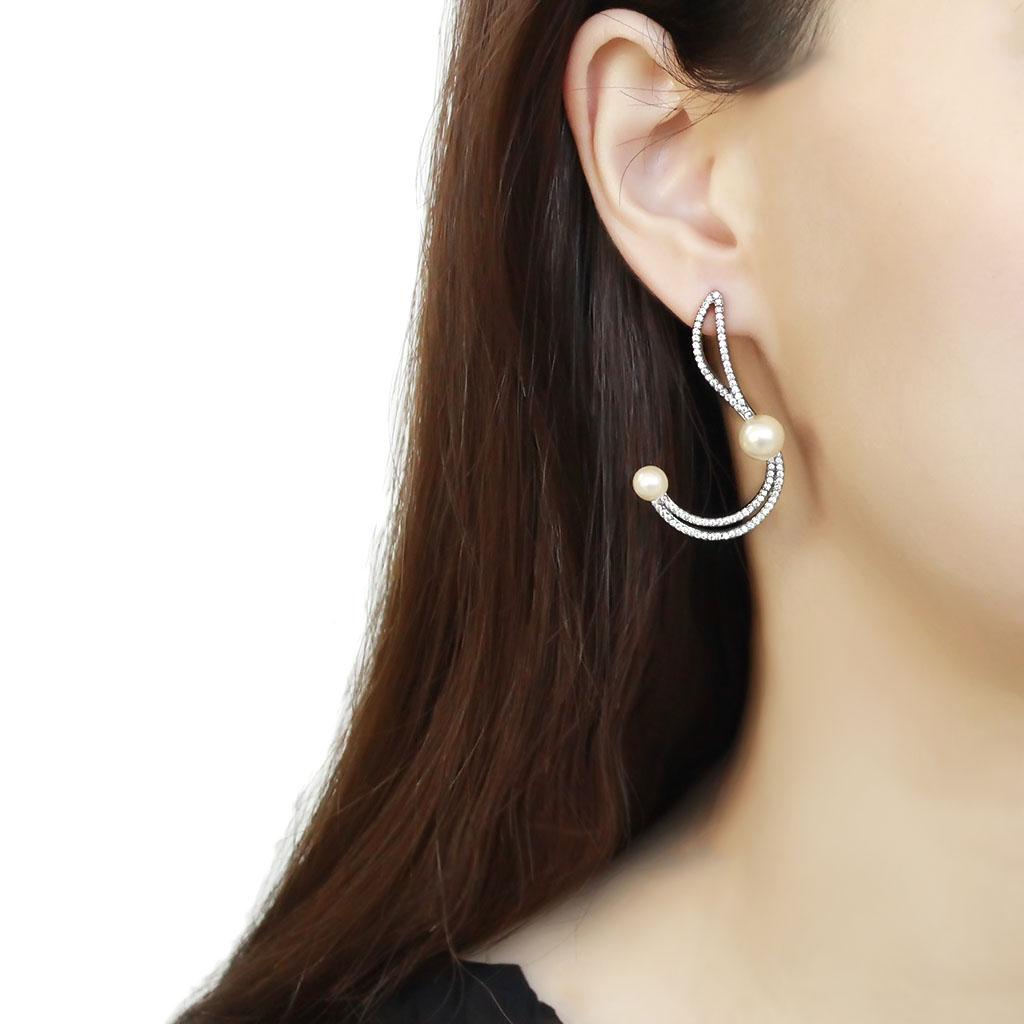 MADA375 - High polished (no plating) Stainless Steel Earrings with Synthetic Pearl in White