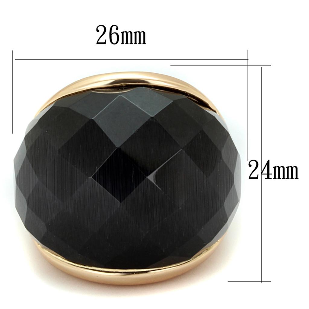 MALO3907 - Rose Gold Brass Ring with Synthetic Cat Eye in Jet