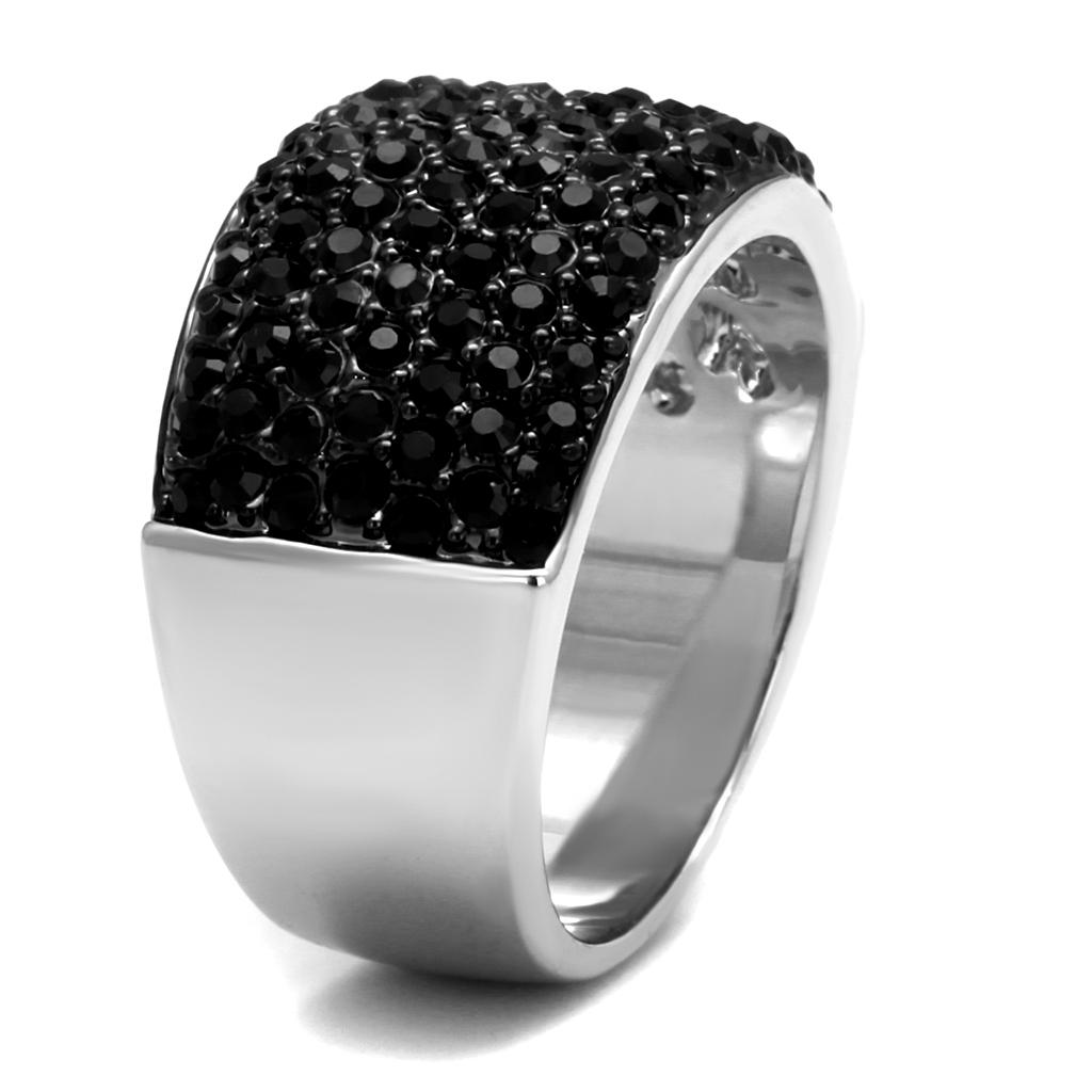 MALO4086 - Rhodium+Hematite Brass Ring with Top Grade Crystal in Jet