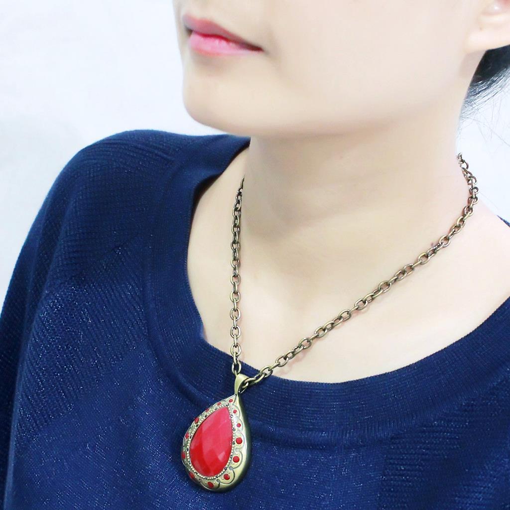 MALO4686 - Antique Copper Brass Chain Pendant with Synthetic Synthetic Stone in Red Series