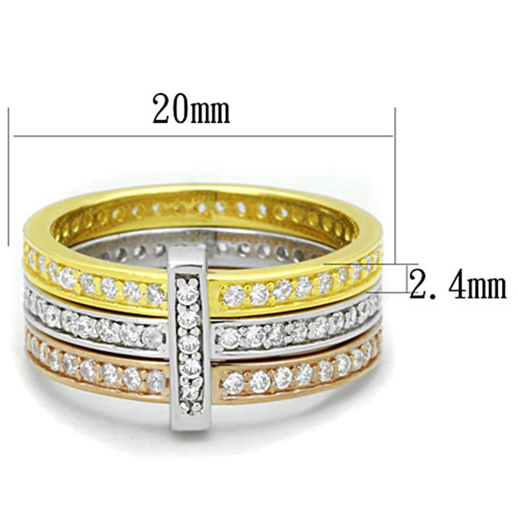 MALOS811 - Rhodium + Gold + Rose Gold 925 Sterling Silver Ring with AAA Grade CZ in Clear