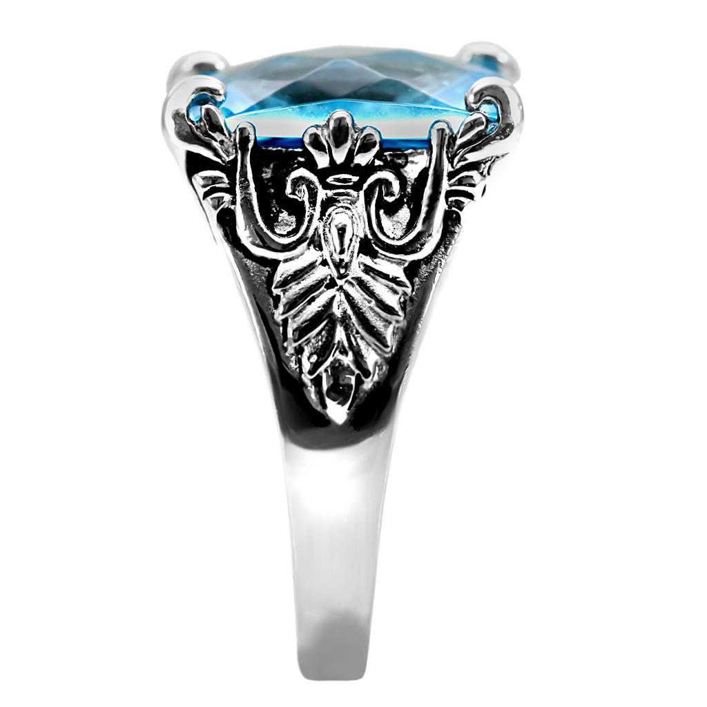 MATK021 - High polished (no plating) Stainless Steel Ring with Synthetic Synthetic Glass in Sea Blue