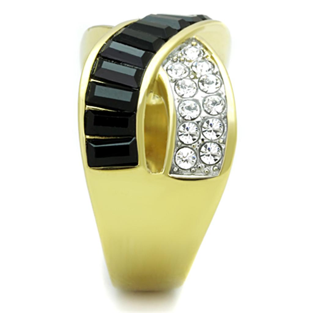 MATK1577 - Two-Tone IP Gold (Ion Plating) Stainless Steel Ring with Top Grade Crystal in Jet