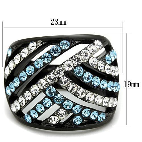 MATK1663 - Two-Tone IP Black Stainless Steel Ring with Top Grade Crystal in Sea Blue