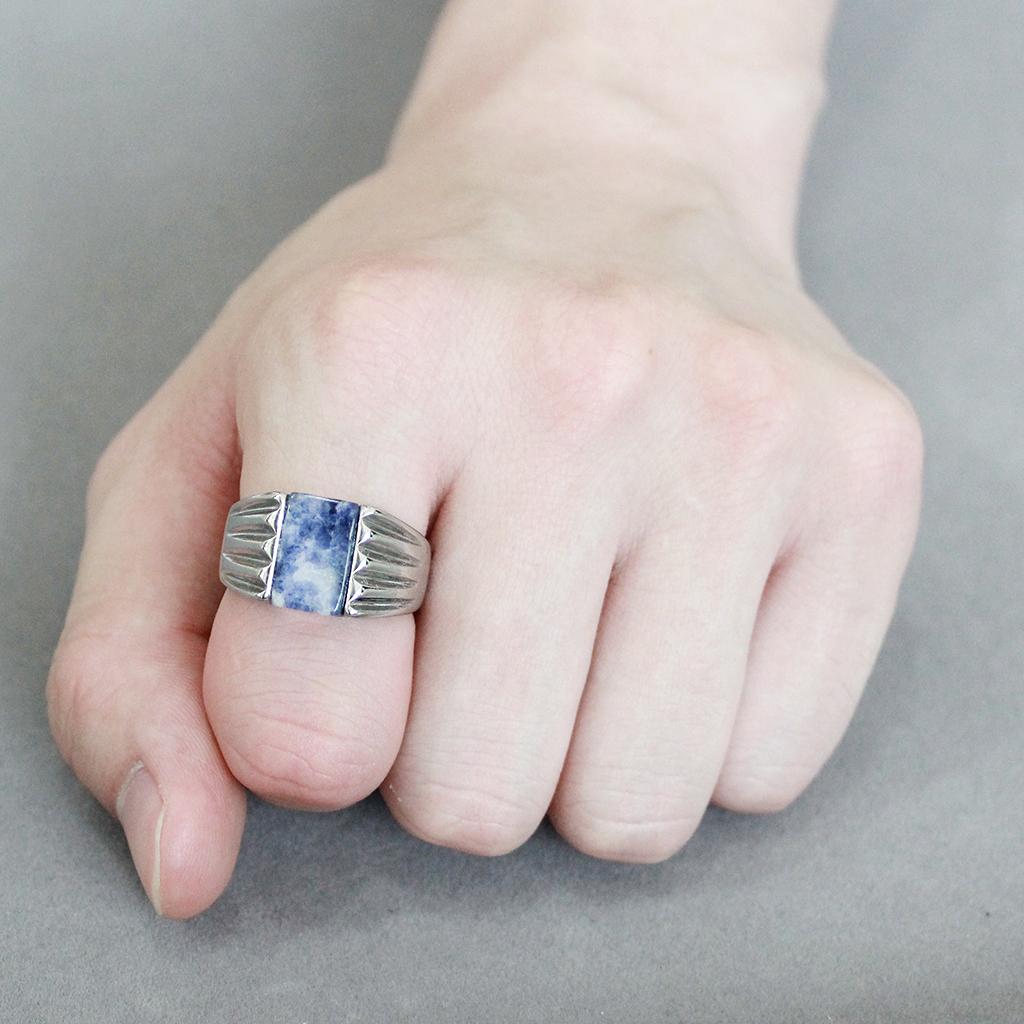 MATK1799 - High polished (no plating) Stainless Steel Ring with Semi-Precious Sodalite in Capri Blue