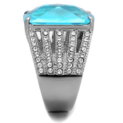 MATK1826 - High polished (no plating) Stainless Steel Ring with Synthetic Synthetic Glass in Sea Blue