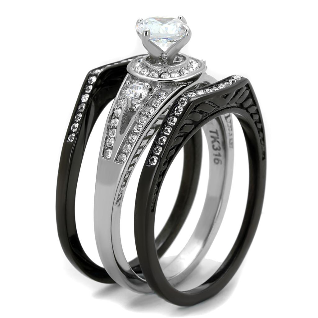 MATK2044 - Two-Tone IP Black Stainless Steel Ring with AAA Grade CZ in Clear