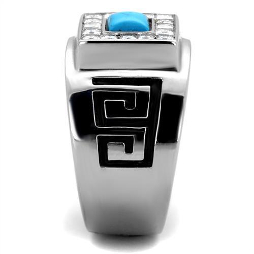 MATK2053 - High polished (no plating) Stainless Steel Ring with Synthetic Turquoise in Sea Blue