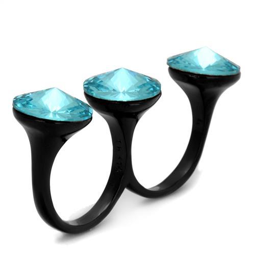 MATK2103 - IP Black(Ion Plating) Stainless Steel Ring with Top Grade Crystal in Sea Blue