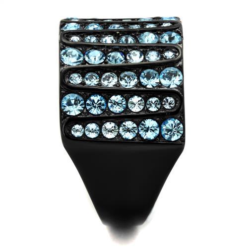 MATK2198 - IP Black(Ion Plating) Stainless Steel Ring with Top Grade Crystal in Sea Blue