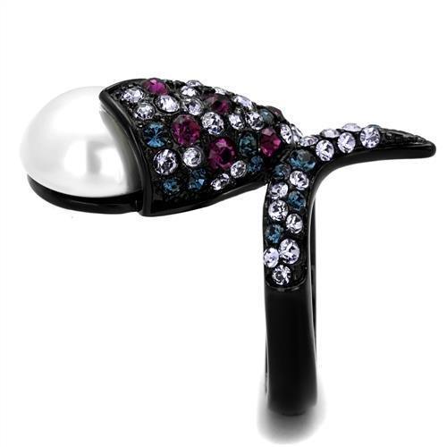 MATK2203 - IP Black(Ion Plating) Stainless Steel Ring with Synthetic Pearl in White