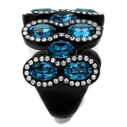 MATK2289 - IP Black(Ion Plating) Stainless Steel Ring with Top Grade Crystal in Aquamarine