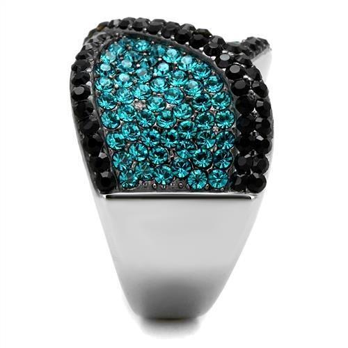 MATK2764 - Two-Tone IP Black Stainless Steel Ring with Top Grade Crystal in Blue Zircon