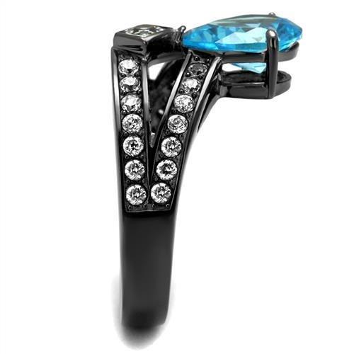MATK2775 - IP Light Black (IP Gun) Stainless Steel Ring with AAA Grade CZ in Sea Blue