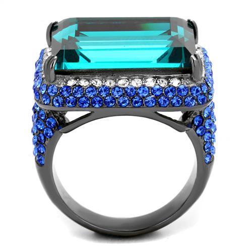 MATK2811 - IP Light Black (IP Gun) Stainless Steel Ring with Top Grade Crystal in Blue Zircon