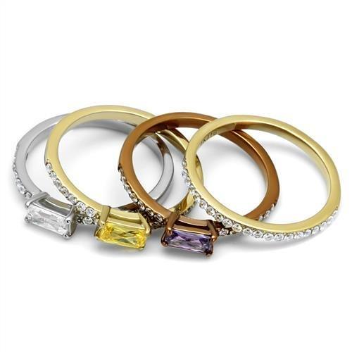 MATK2960 - Three Tone (IP Gold & IP Light coffee & High Polished) Stainless Steel Ring with AAA Grade CZ in Multi Color