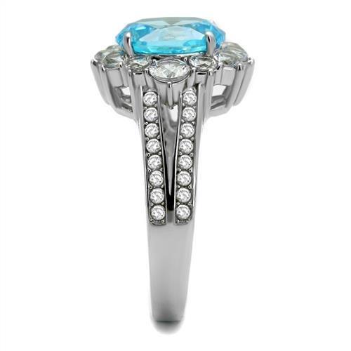 MATK2977 - High polished (no plating) Stainless Steel Ring with AAA Grade CZ in Sea Blue