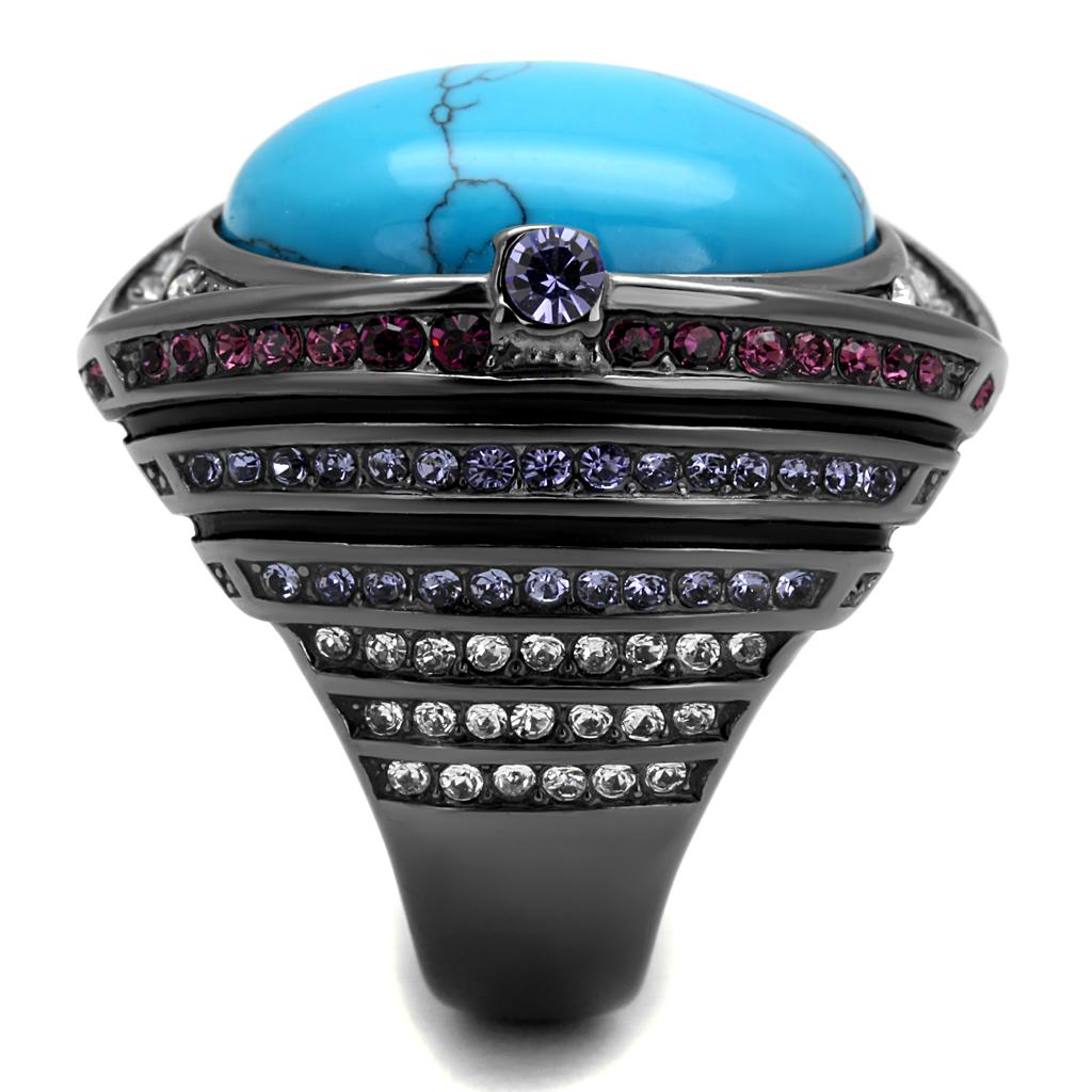 MATK2983 - IP Light Black (IP Gun) Stainless Steel Ring with Synthetic Turquoise in Sea Blue