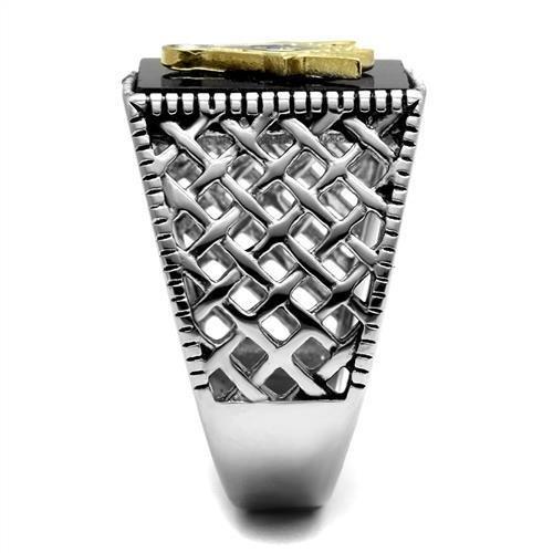 MATK3018 - Two-Tone IP Gold (Ion Plating) Stainless Steel Ring with Semi-Precious Agate in Jet