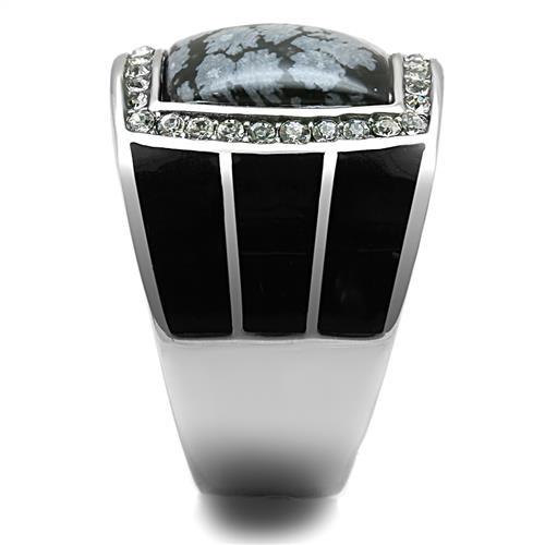 MATK3042 - High polished (no plating) Stainless Steel Ring with Semi-Precious Snowflake Obsidian in Jet